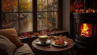 Cozy Coffee Shop Ambience | Rainy Window, Fireplace & Jazz Piano (Fall Vibes)