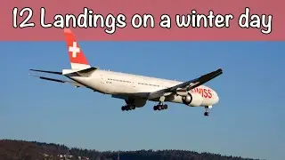Zurich Airport 12 landings of passenger airplanes on a sunny winter day.