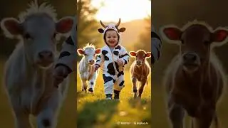 Baby in Cow Costume Running with Playful Calves! #BabyJoy #CowCostume #CuteBaby