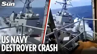 Shocking moment US Navy warships collide in Caribbean leaving two sailors injured