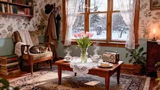 Relaxing 1950s cozy warm morning with oldies playing in another room for relaxation and it's snowing