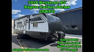 26 KEYSTONE RV RAPTOR CARBON SERIES 29WFO WALKTHROUGH!  OPEN CONCEPT! - 13' GARAGE!