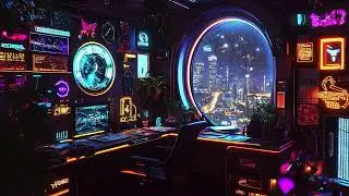 🎵 Futuristic Workspace Ambient Music Neon City View and High-Tech Desk