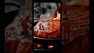Tiny workers grilling giant steak 🔥🥩 #MiniWorld #SteakLovers #FoodArt #BBQ #CreativeEdit