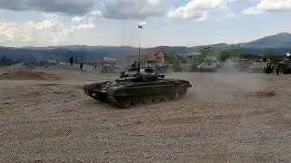 M-84 main battle tank, start up, drive by, smoke screen, driving over the car