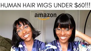 AFFORDABLE Human Hair Wigs from Amazon | Bob w/ Bangs & Deep Wave Headband Wig Try-On