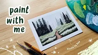 Gouache Painting - Misty Meadow Pathway with Pine Trees