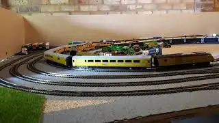 Running session of 4 Hornby OO gauge HST's blue/yellow, swallow, virgin & NMT, Mangley Town