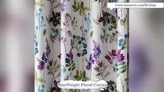 Blue Purple Flower Colorful Leaf Grayish white BG Blackout Curtains KoTing