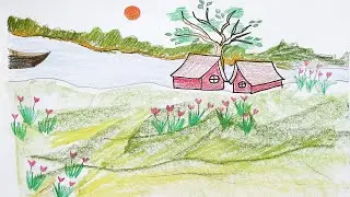 Village Scene Drawing for Kids ✨ Simple & Colorful Nature Tutorial