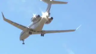NetJets Bombardier Challenger 350 overhead arrival at Livermore Municipal Airport