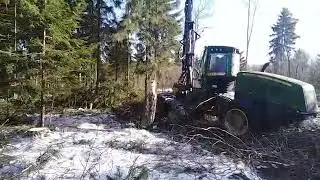 Работа харвестера John Deer в лесу Эстонии, Rakvere. John Deere harvester work in Estonian forest.