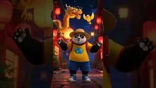 Happy Panda in China Great Wall and Lanterns