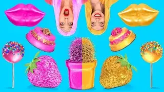 TANTANGAN EMAS VS PINK || Santap Makanan Satu Warna selama 24 Jam! Mukbang oleh 123 GO! FOOD
