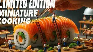 Tiny chef|giant sushi|a cinematic world of miniature cooking AI creation ASMR 