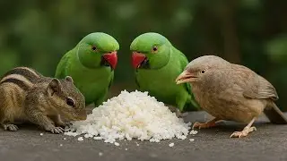 Chipmunks, Green Parrots & Yellow Billed Babbler Eating on Food Table - July 17, 2025