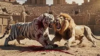 The battle between the lion and the white tiger
