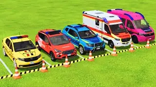 TRANSPORTING POLICE CARS, DACIA, FORD, LOGAN, AMBULANCE, EMERGENCY COLORFUL CARS WITH TRUCK FS22