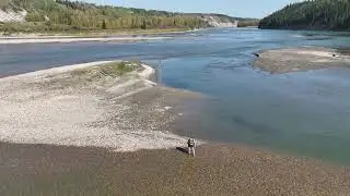 Beautiful drone view of a the blue North Saskatchewan River.
