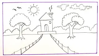 Simple Village Scenery Drawing | Easy House and Tree Drawing Tutorial