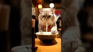 Slurping noodles, this cat nearly devours bowl in bustling restaurant