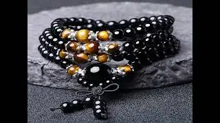 BUDDHA STONES 108 BEADS NATURAL BLACK OBSIDIAN TIGER EYE MALA BRACELET