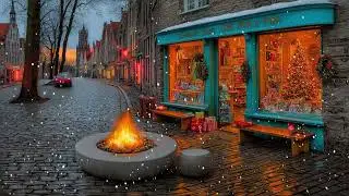 Cozy Winter Street Window 4K | Falling Snow, Fireplace Sounds and Jazz Blues Classical Music