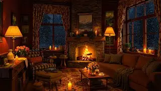 Cozy Cabin Ambience ❄️ Warm Winter Night with Soft Jazz, Fireplace Sounds & Snowfall for Deep Sleep