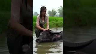 woman bathing buffalo in a rural river.@glamor-ai