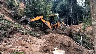 Remote Narrow Hilly Road Clearing Construction With JCB Backhoe Machine