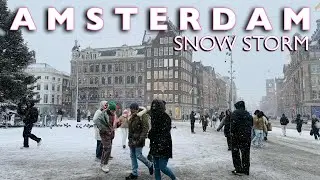 [4K] AMSTERDAM- Heavy Snow Storm Hits Amsterdam | Code Orange | Snow Walking Tour🇳🇱❄️
