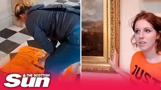 Moment climate protesters GLUE themselves to painting at Glasgow's Kelvingrove Art Gallery