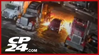 Video captures the moment a tow truck was set on fire at a Brampton auto repair shop