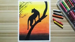 Oil pastel drawing for beginners/Easy sunset tiger scenery/RKS drawing art