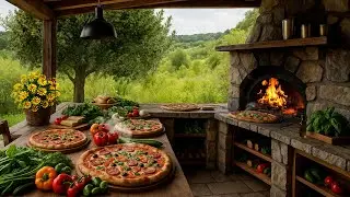 Cozy Pizza Kitchen Ambience – Crackling Woodfire Oven & Gentle Birdsong for Relaxation 🍕🔥🕊️