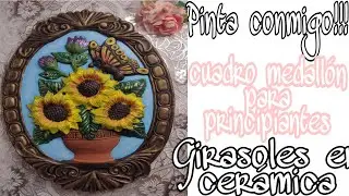 Diy CÓMO PINTAR MEDALLÓN de CERÁMICA con GIRASOLES fácil CON Pinturas Acrílicas