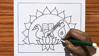 Saraswati Puja Poster Drawing / Saraswati Pooja Drawing / How to Draw Saraswati puja Drawing