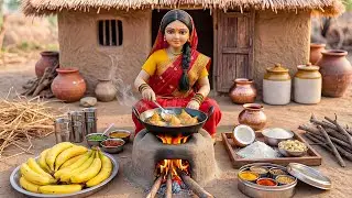 Miniature Doll Makes Banana Coconut Filling Fritters ASMR | Indian Village Tiny Kitchen Story