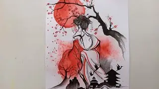 How to paint japanese 'Geisha dream'| using normal water colour | step by step | speed drawing