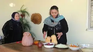 Sea Jellyfish Squid Pilaf and Beef Inside Pumpkin in Brick Oven