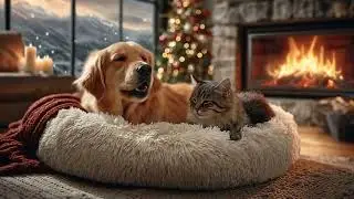 Ultimate Cozy Christmas Relaxation 🐕🐈 Golden Retriever & Tabby Cat by Fireplace | Snow Outside