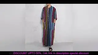 Men's Muslim Long Sleeve Cotton Striped Robes Islamic Arabian Kaftan Suit Middle East Dubai Abaya Re