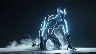 Cinematic futuristic 3D visual, abstract cyber organic humanoid figure emerging from darknes 4