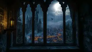 Dark Gentle Rain on Hogwarts Castle Window, Relaxing Night Ambience for Rest and Sleep