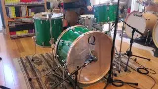 (SOLD) Drum Kits - Q Drum Co. 14x24 9x13 16x16 Birch Drum Kit (Green Sparkle)