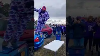 Wow! BuffaloBillDan demolished that table!  Jumping through a table on another level! #BillsMafia