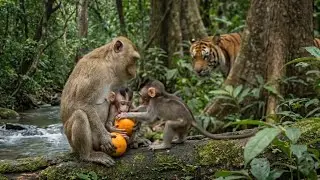 The mother monkey peels an orange for her baby monkey. แม่ลิง  ปอกส้มให้ลูกลิง
