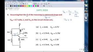 GATE 2004 ECE Transistor Biasing, calculation of Q point or operating point