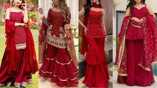 Beautiful Red Sharara And Gharara Designs 2025/Latest Red Colour Sharara Gharara Suits
