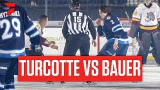 Tyrel Bauer And Yanick Turcotte Meet At Center Ice For A Wednesday Night Hockey Fight
